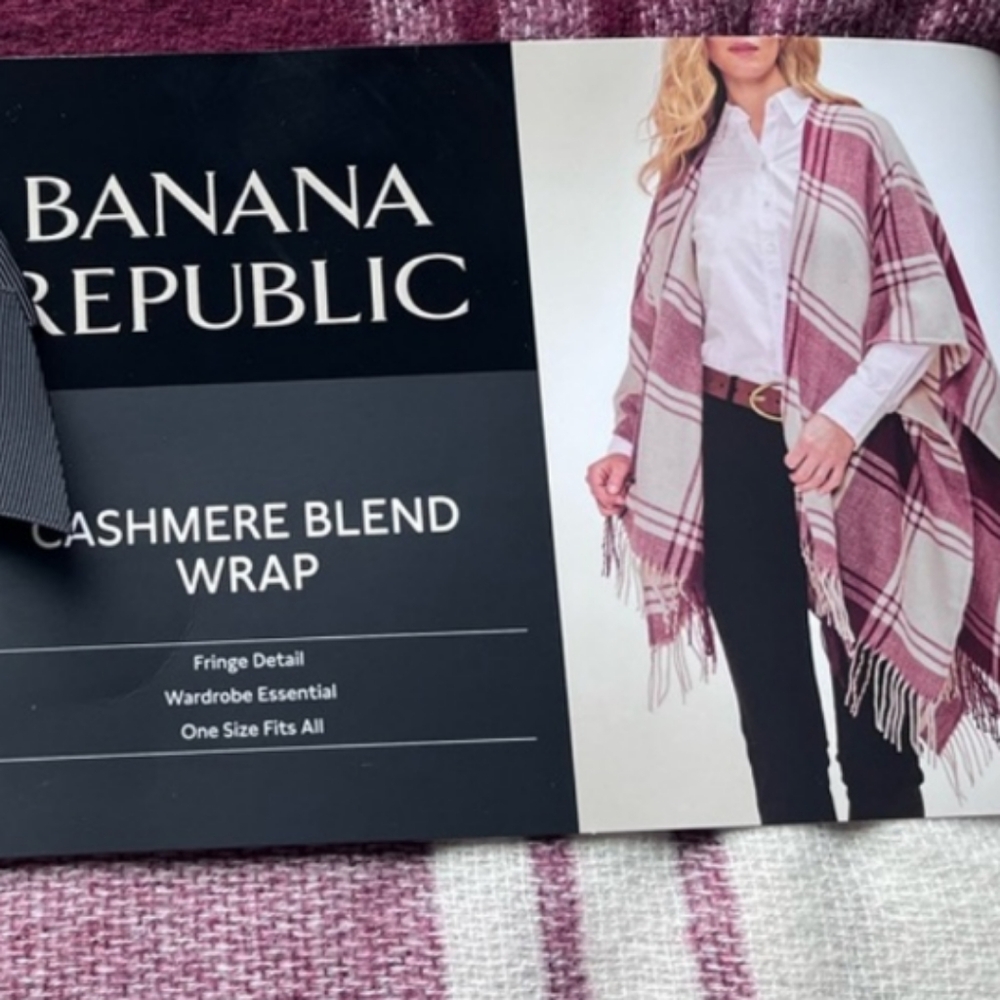 Banana Republic Cashmere Blend Wrap Fringe Detail Mariana Plaid Burgundy/White - Picture 2 of 5